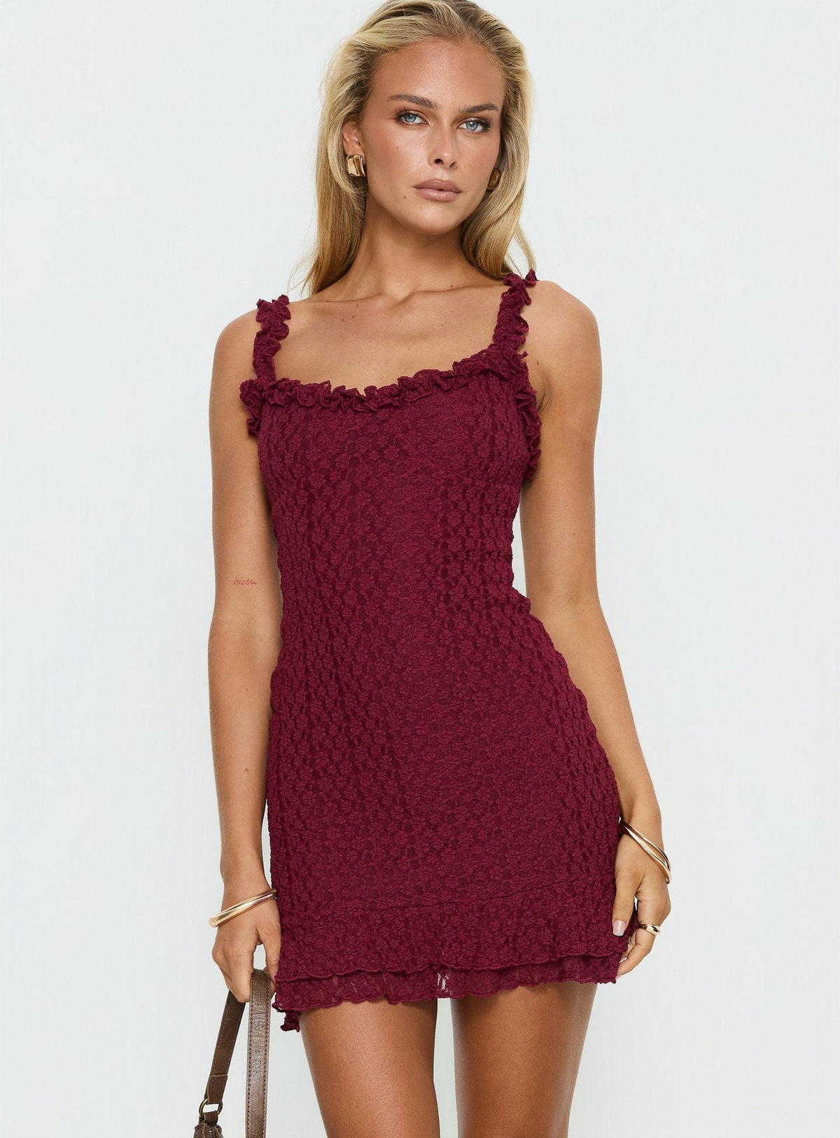Steffi Frill Lace Mini Dress Burgundy