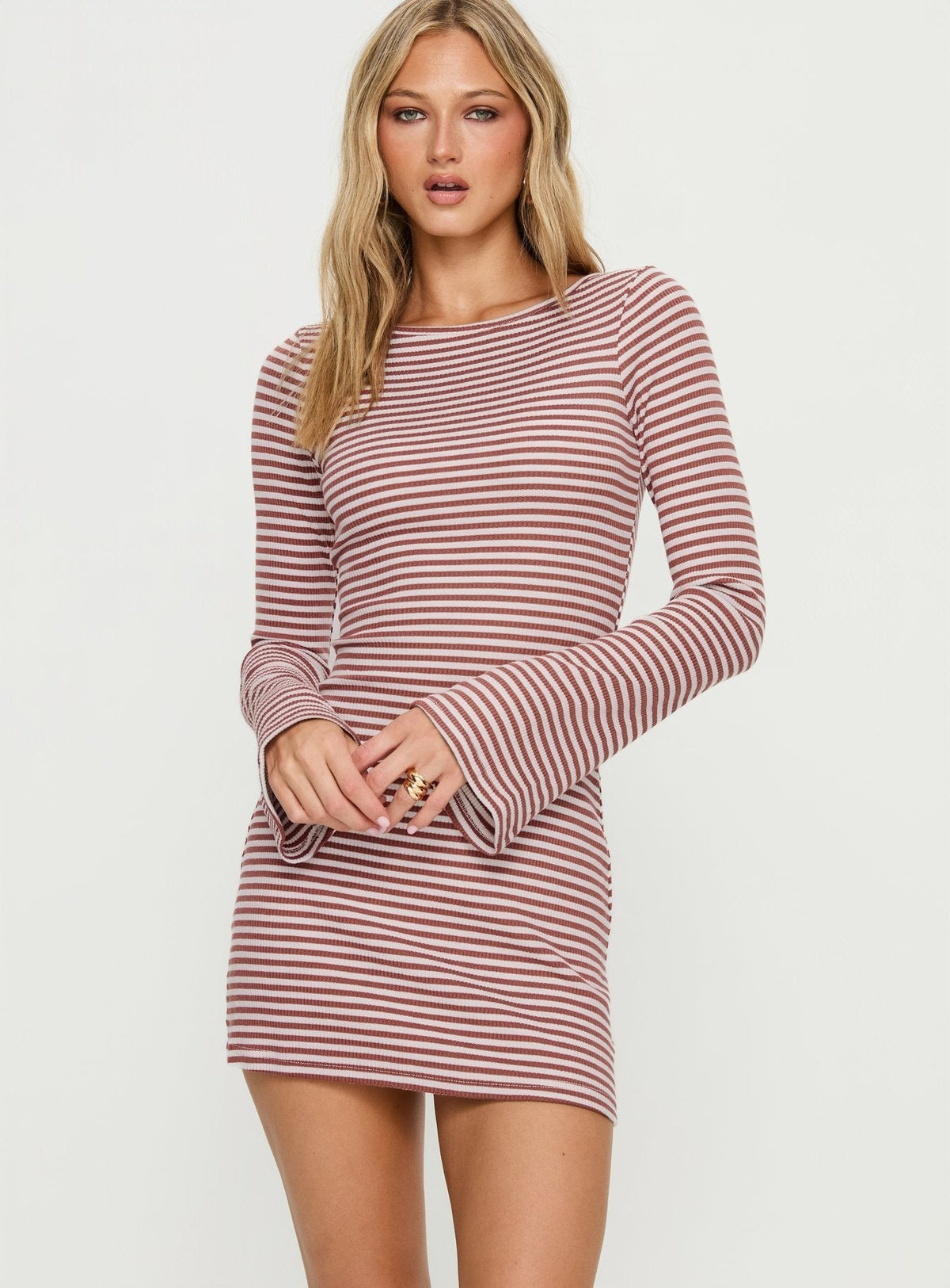 Striped Ribbed Knit Boat Neck Flared Long Sleeve Bodycon Mini Dress