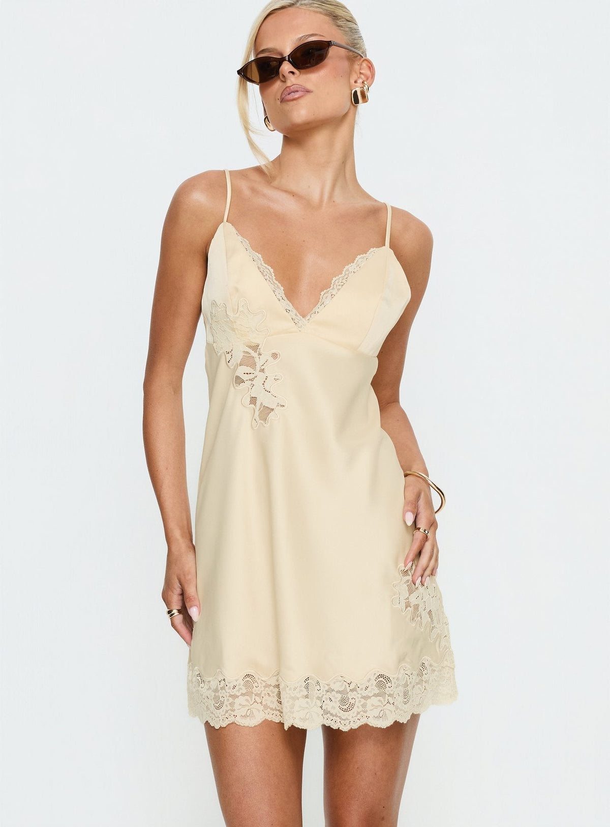 Satin Lace Trim V-Neck Cami Strap Embroidered Slip Mini Dress 2