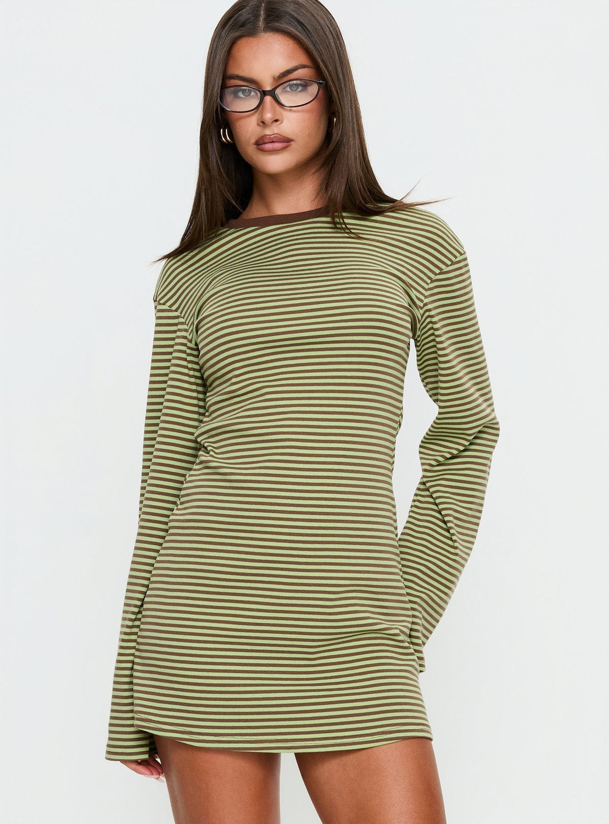 Lulolah Long Sleeve Mini Dress Green / Chocolate Stripe