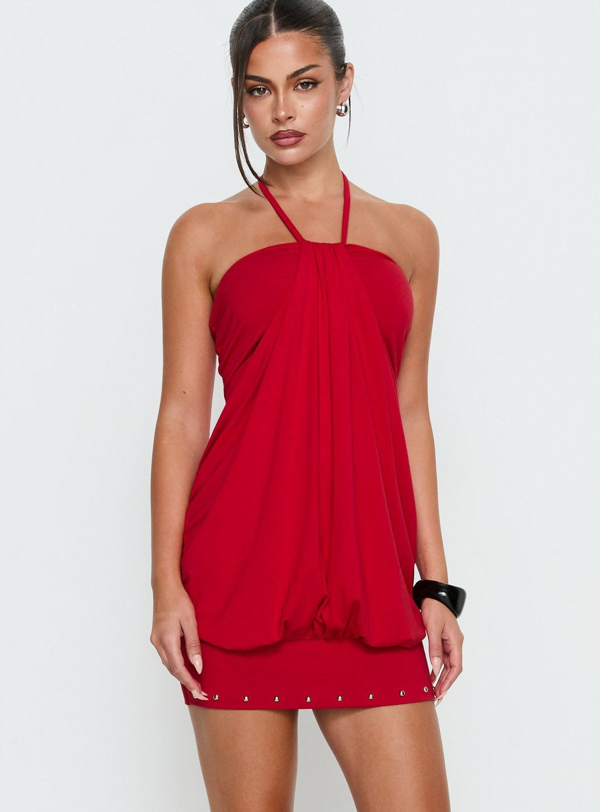 Gathered Halter Neck Draped Studded Hem Mini Dress 2