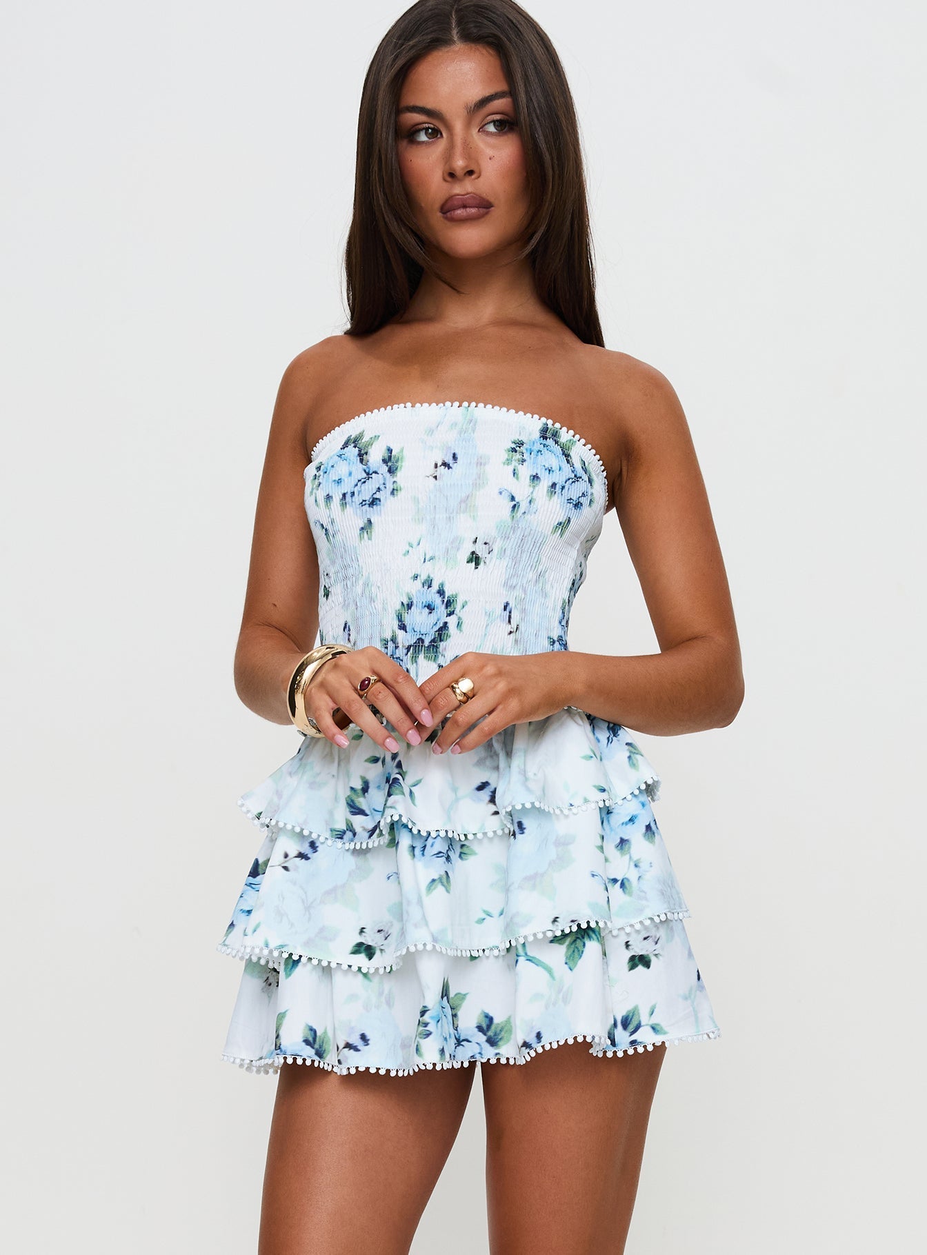 Floral Strapless Smocked Tiered Mini Dress