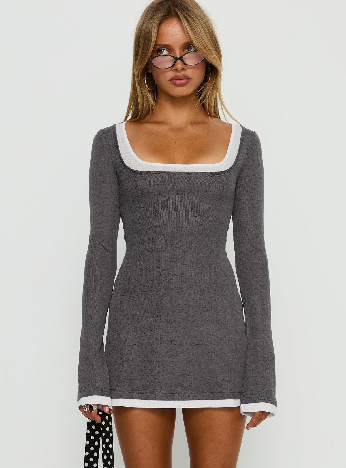 Contrast Trim Scoop Neck Long Sleeve Layered Look A-Line Mini Dress 2