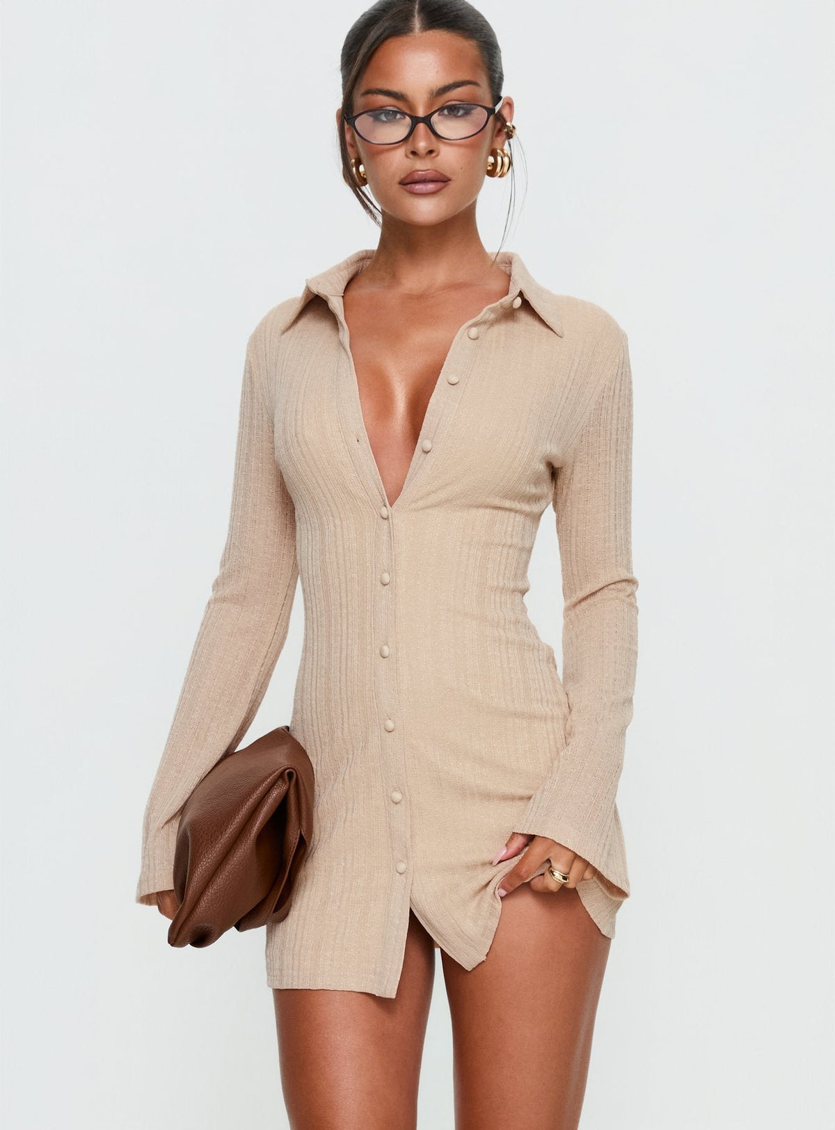 Ribbed Knit Collared Button Front Flared Long Sleeve Shirt Mini Dress