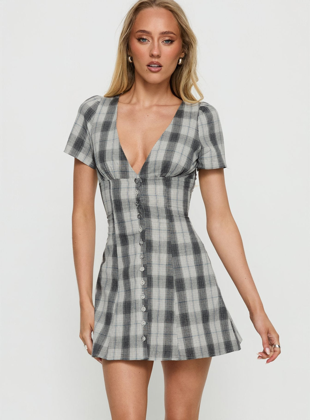 Plaid Deep V-Neck Short Sleeve Button Front Mini Dress