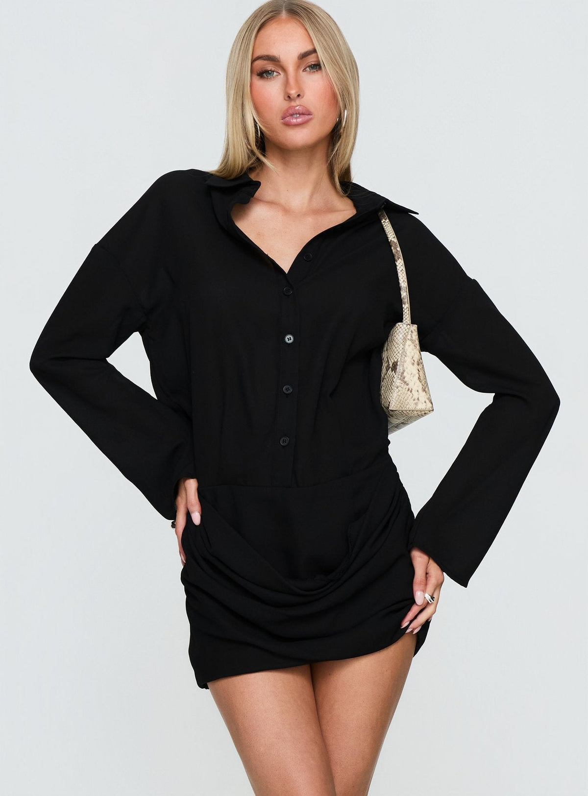 Collared Button Front Long Sleeve Draped Wrap Shirt Mini Dress 2