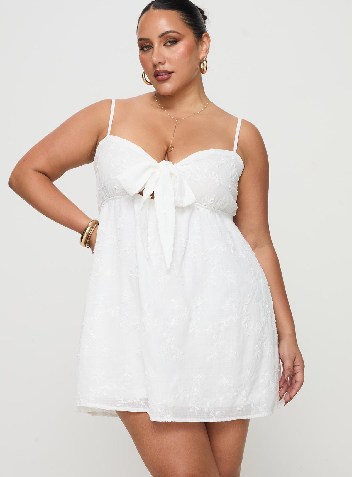 Embroidered Tie Front Bust Spaghetti Strap Babydoll Mini Dress 2