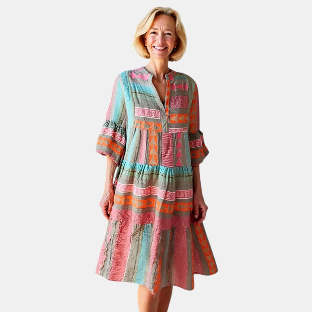 Geometric Print Notch Neck Flare Sleeve Tiered Mini Dress