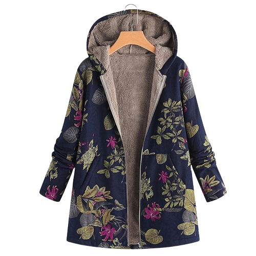 Floral Print Hooded Fleece Lined Zip Front Coat