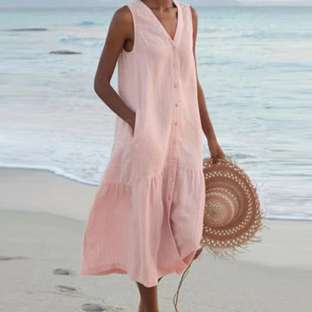 Esther | Sleeveless Buttoned Midi Dress Pink