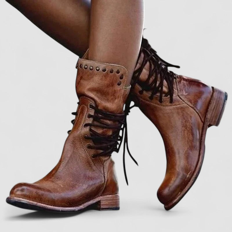 Lace Up Studded Block Heel Mid Calf Boots