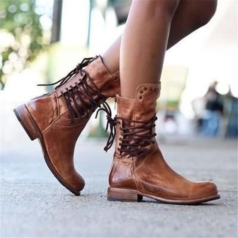 Lace Up Studded Block Heel Mid Calf Boots 2
