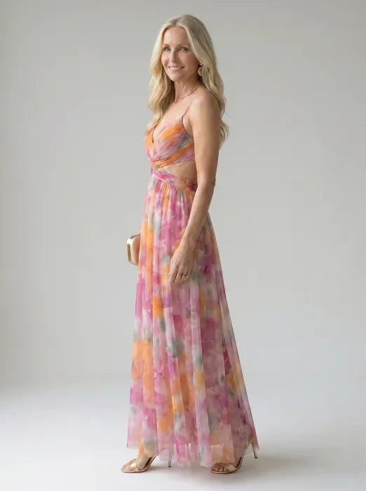 Floral V-Neck Twist Front Sleeveless Mesh Maxi Dress