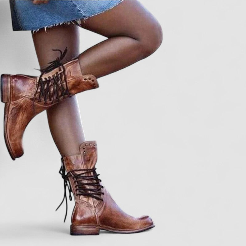 Lace Up Studded Block Heel Mid Calf Boots