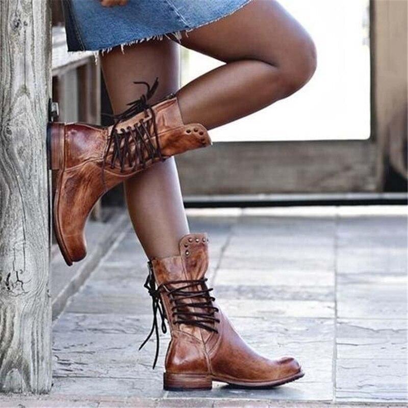 Lace Up Studded Block Heel Mid Calf Boots 3