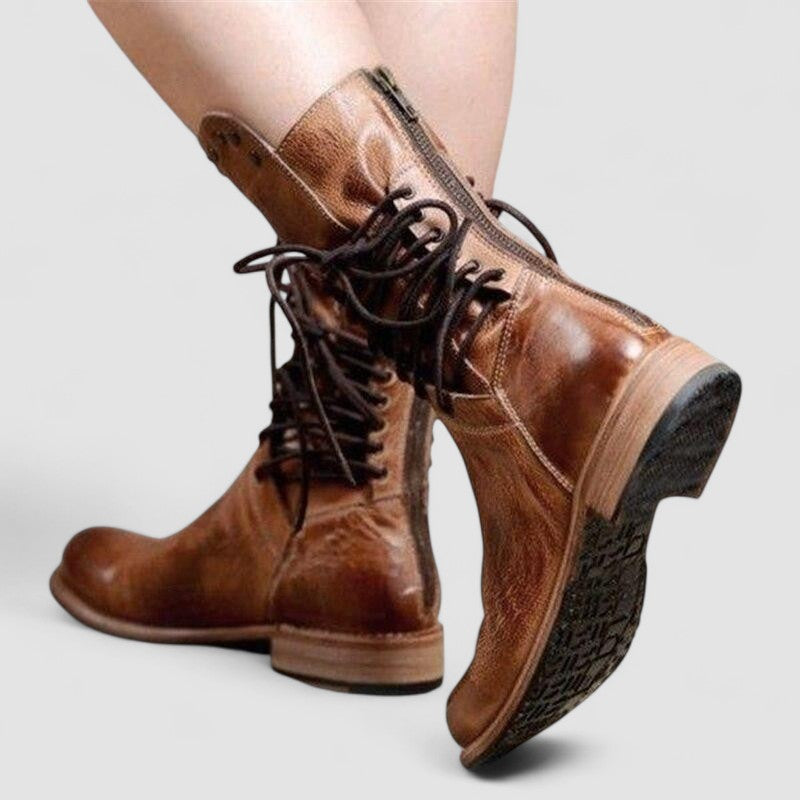 Lace Up Studded Block Heel Mid Calf Boots