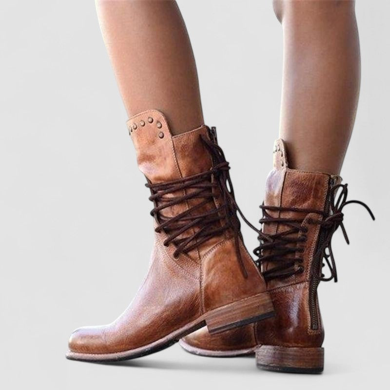 Lace Up Studded Block Heel Mid Calf Boots