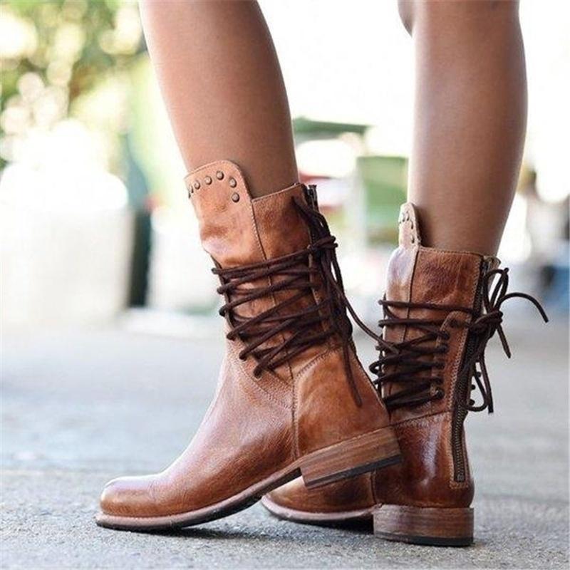 Lace Up Studded Block Heel Mid Calf Boots 5
