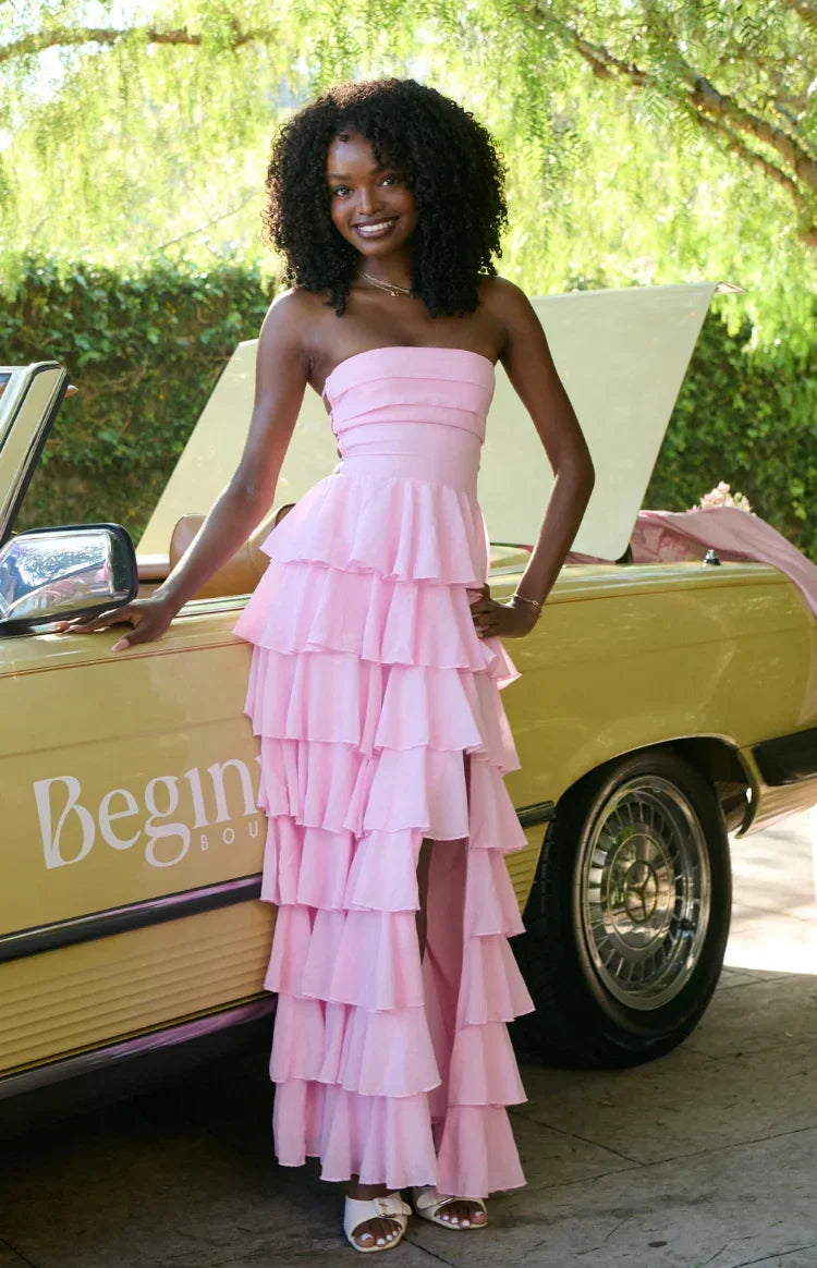 Strapless Tiered Ruffle Chiffon High Split Maxi Dress 12