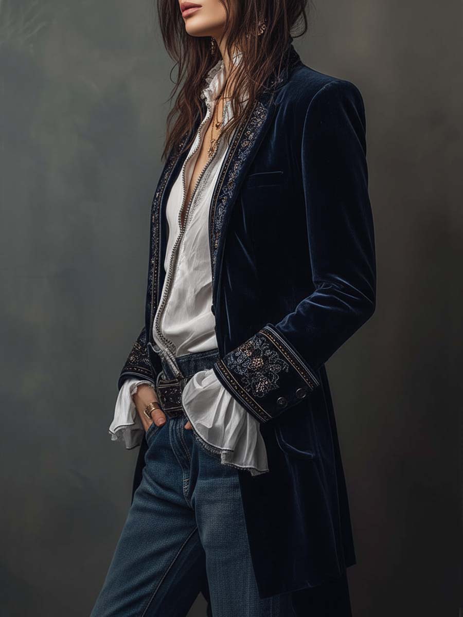 Embroidered Velvet Longline Blazer 4