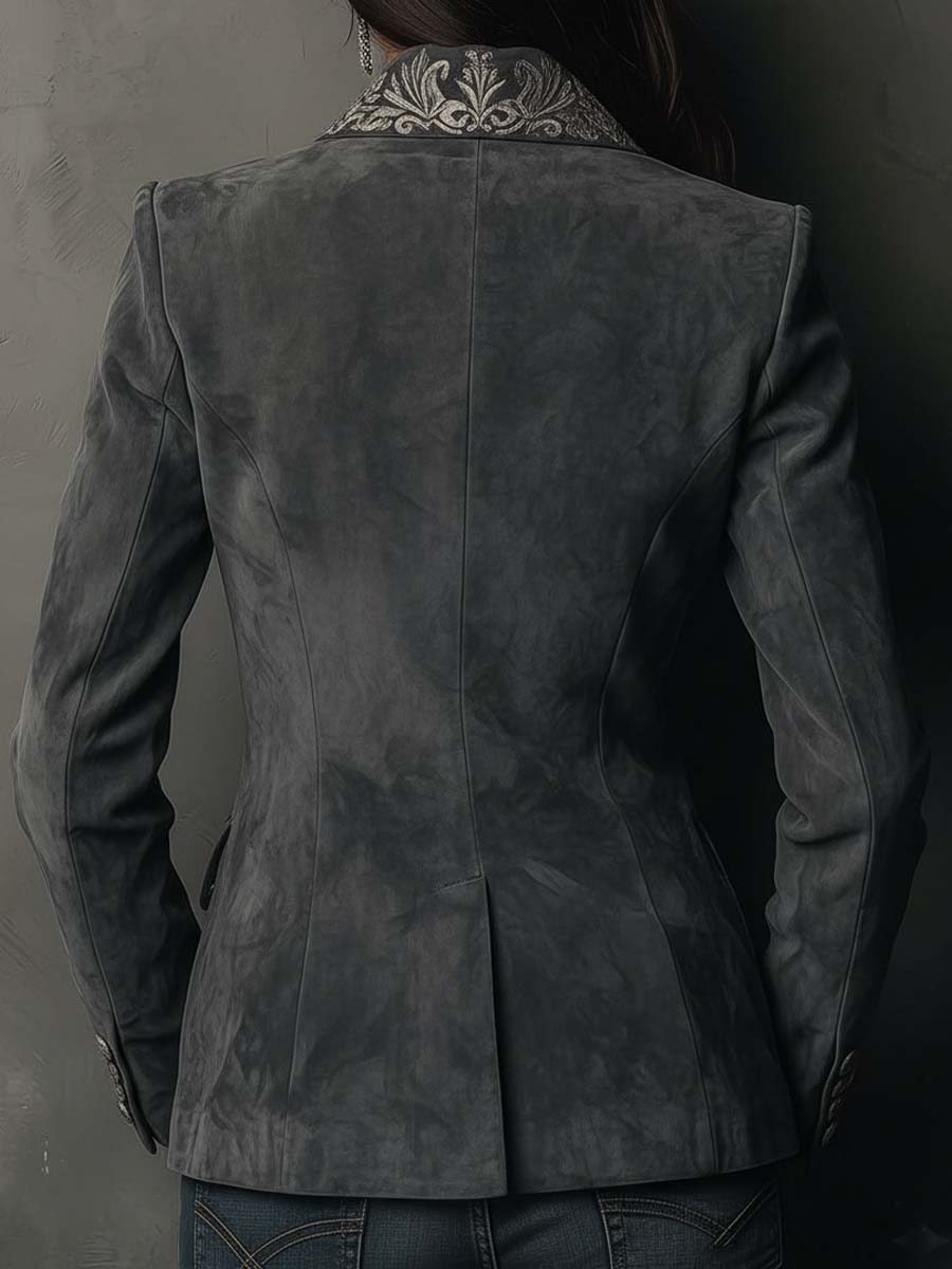Floral Embossed Suede Look Single Button Blazer