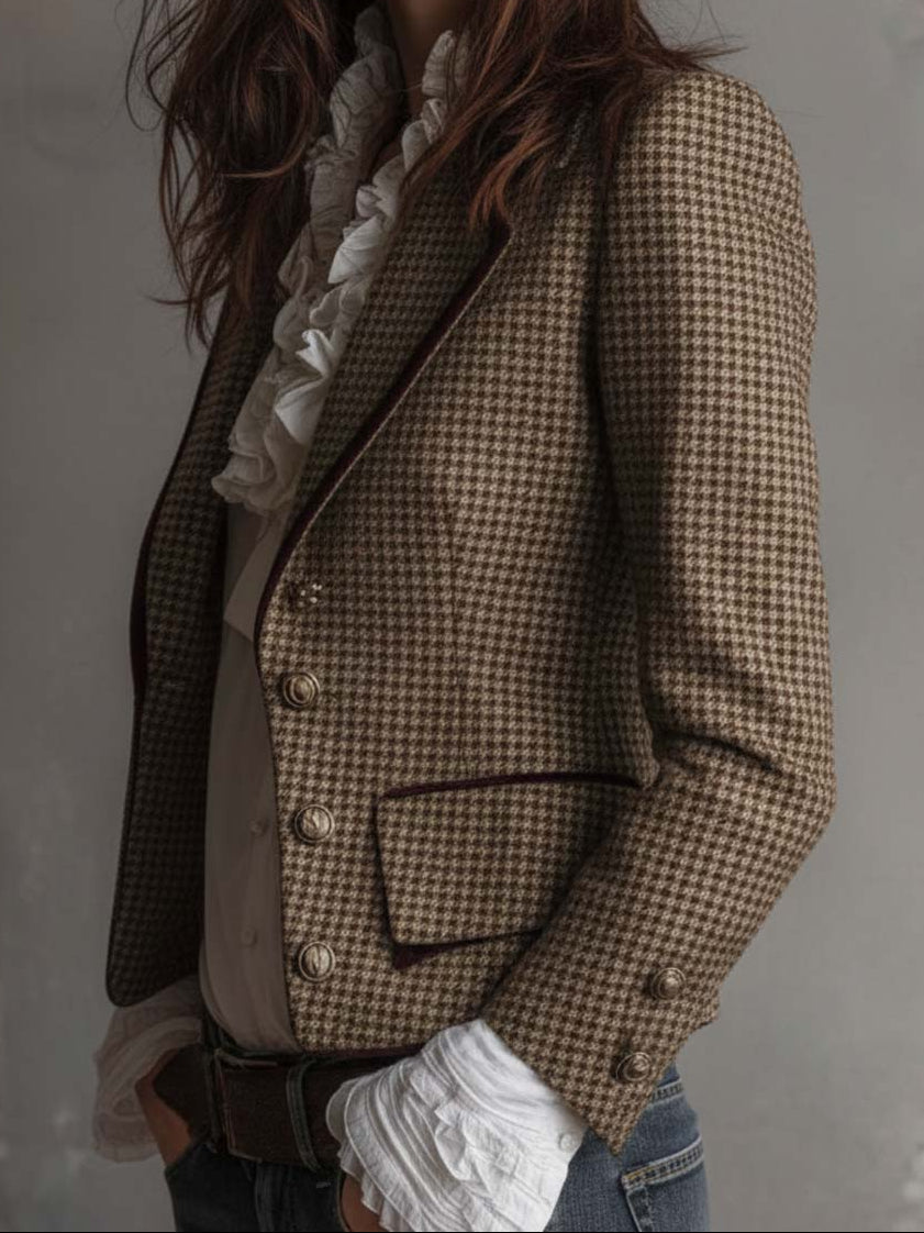 Houndstooth Tweed Contrast Trim Blazer