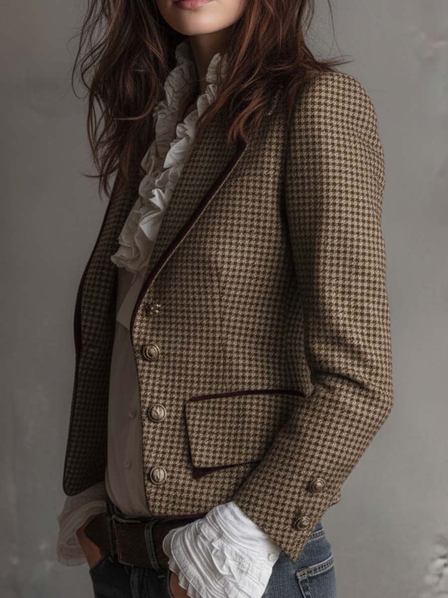 Houndstooth Notch Lapel Tweed Blazer
