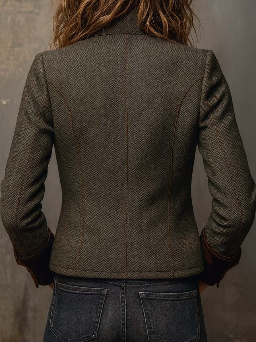 Herringbone Tweed Contrast Trim Button Front Jacket