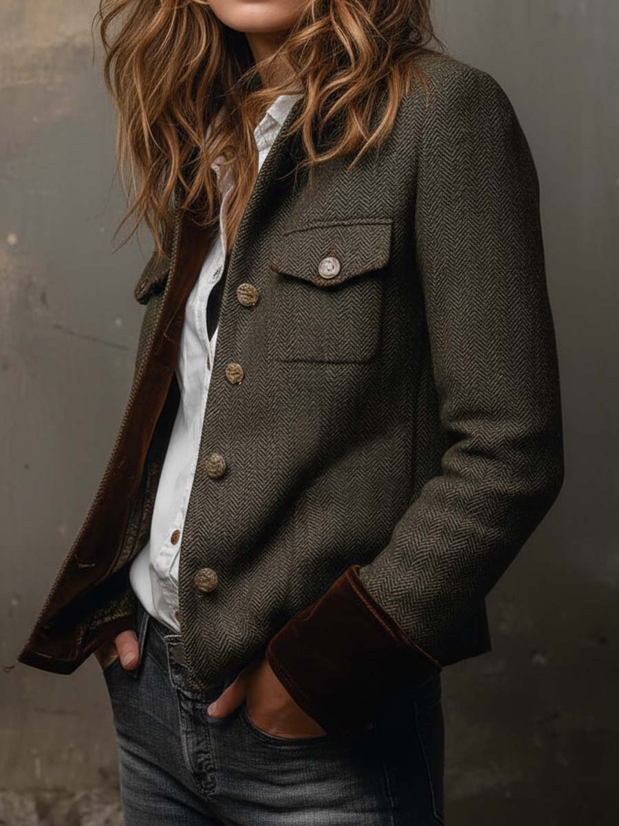 Herringbone Tweed Contrast Trim Button Front Jacket