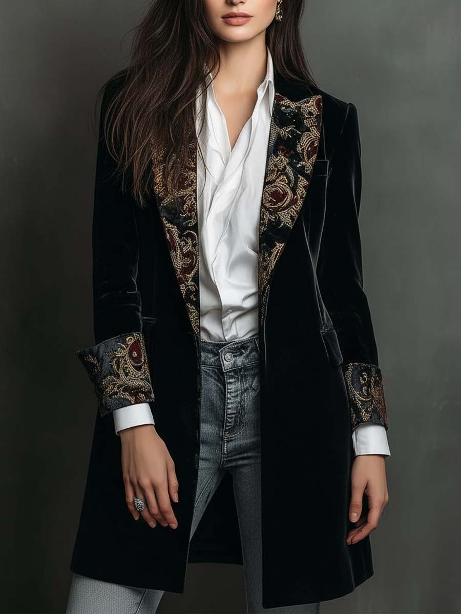 Baroque Print Lapel Velvet Longline Blazer 2