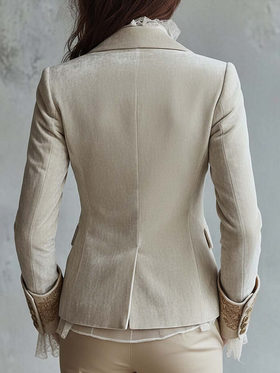 Velvet-Look Embroidered Lapel Lace Cuff Blazer