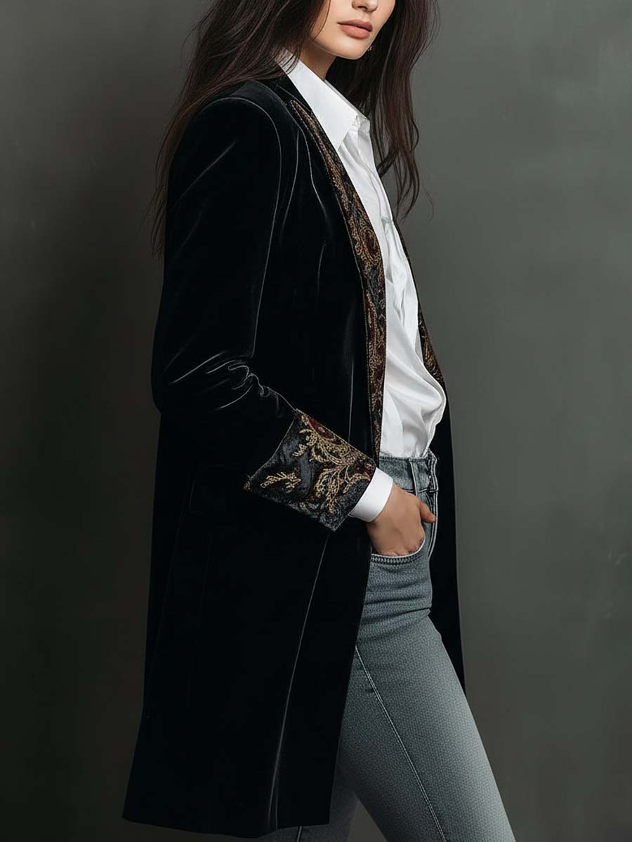 Baroque Print Lapel Velvet Longline Blazer 3