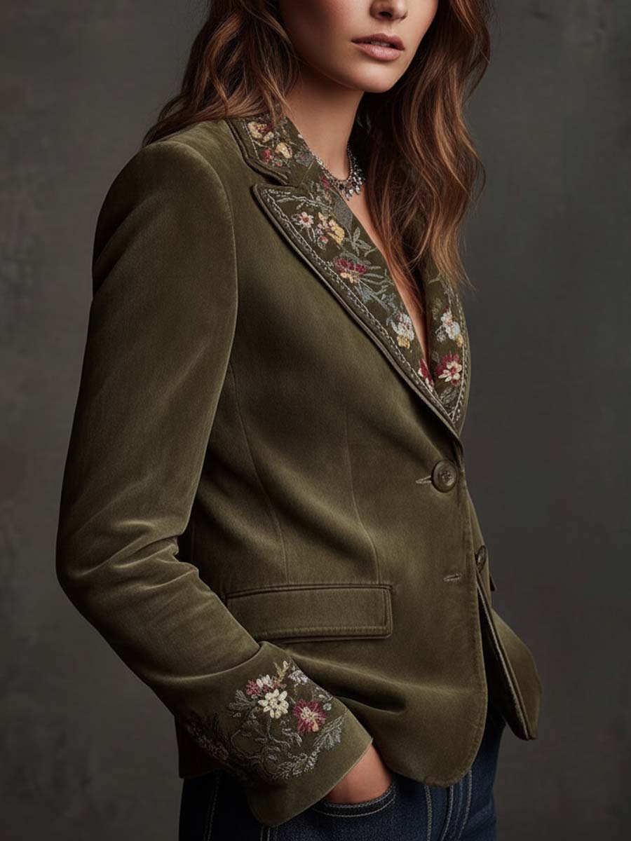 Embroidered Floral Velvet Single Button Blazer