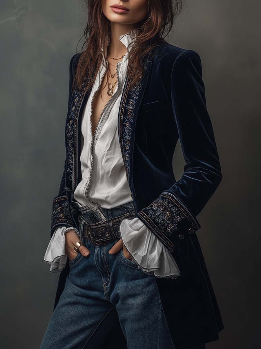 Embroidered Velvet Longline Blazer 3