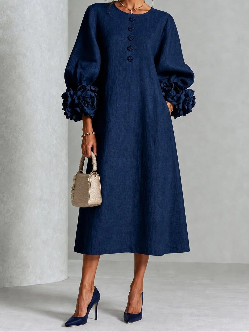 Round Neck 3D Floral Cuff Button Front Midi Dress