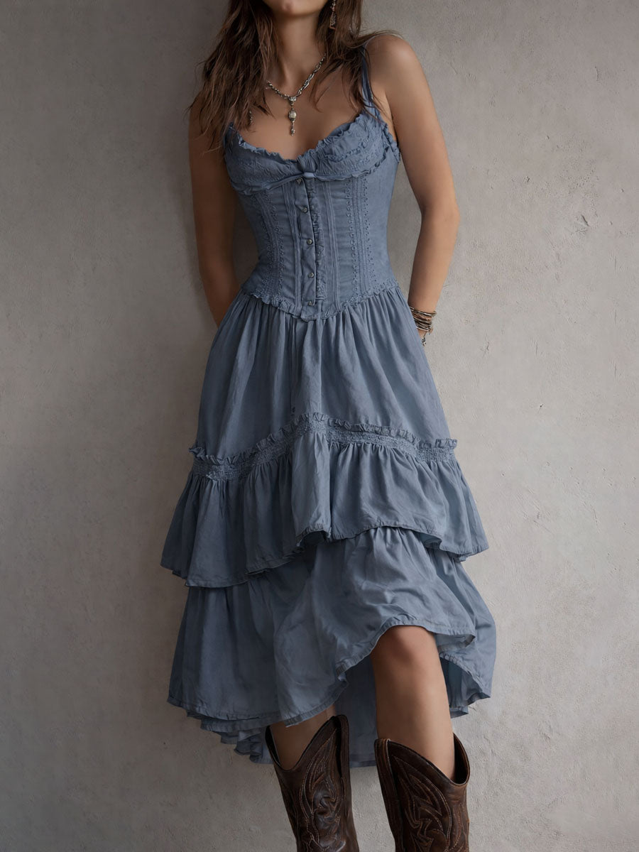 Corset Bodice Spaghetti Strap Ruffle Tiered High Low Midi Dress