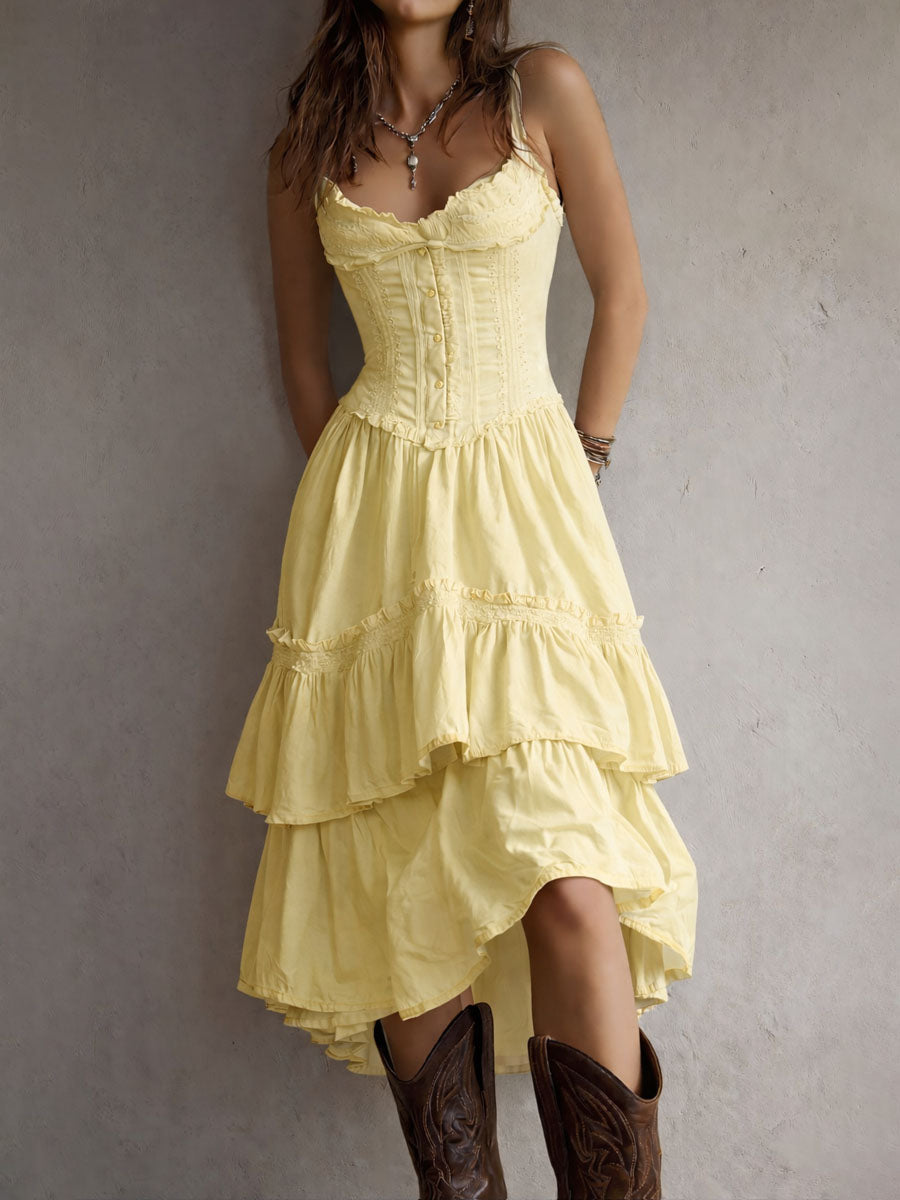 Corset Bodice Spaghetti Strap Ruffle Tiered High Low Midi Dress