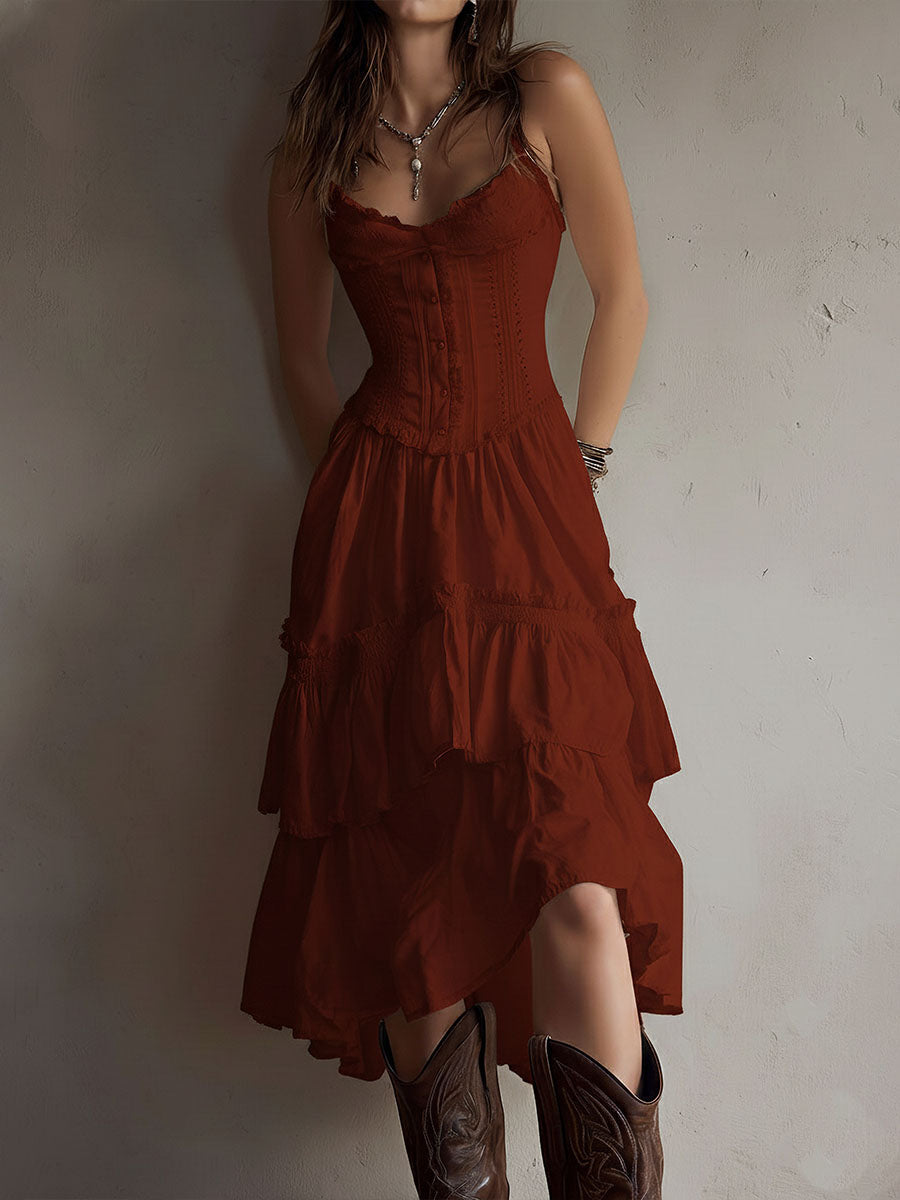 Corset Bodice Spaghetti Strap Ruffle Tiered High Low Midi Dress