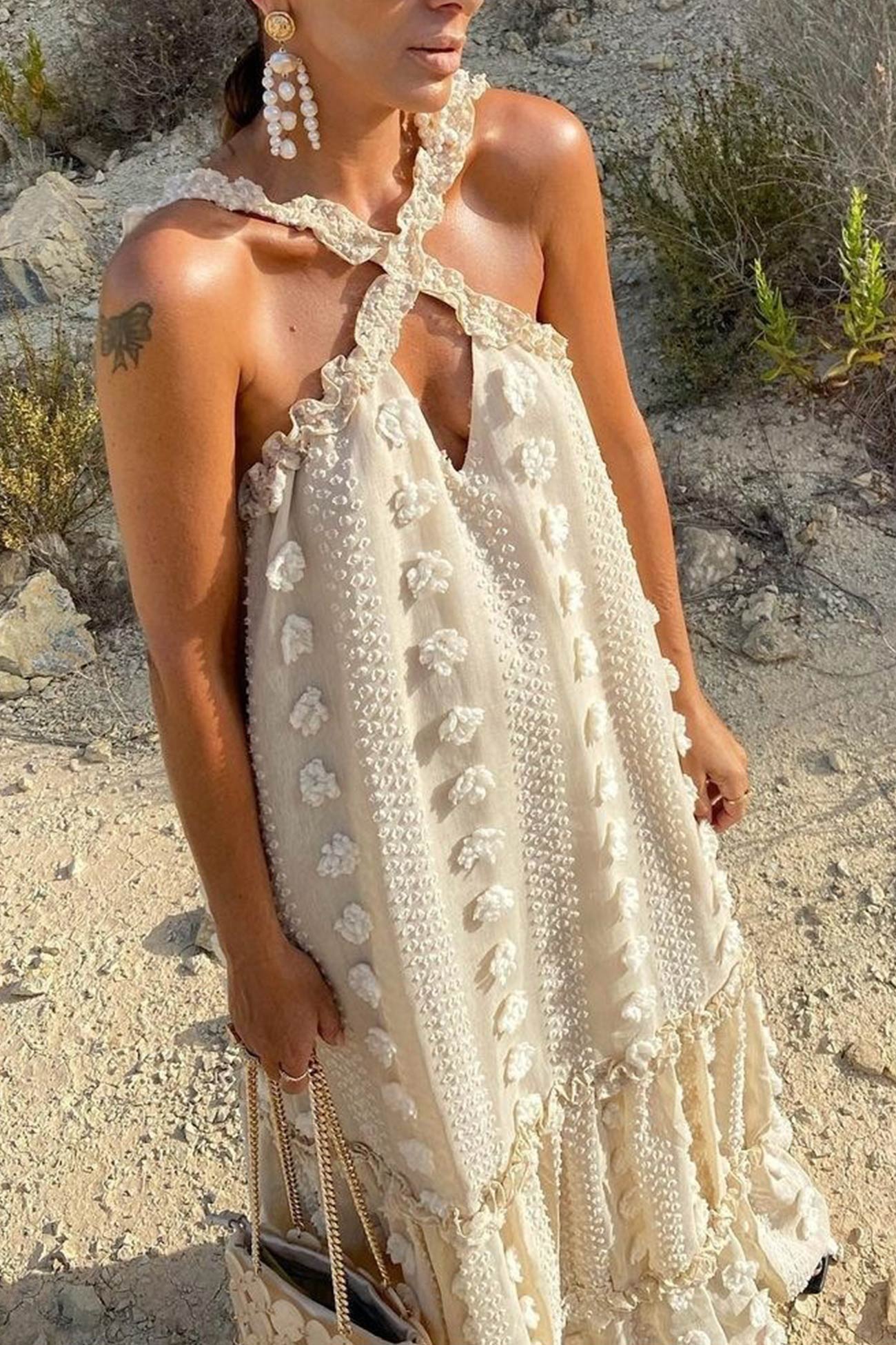 Appliqué Halter Neck Keyhole Tiered Maxi Dress 2