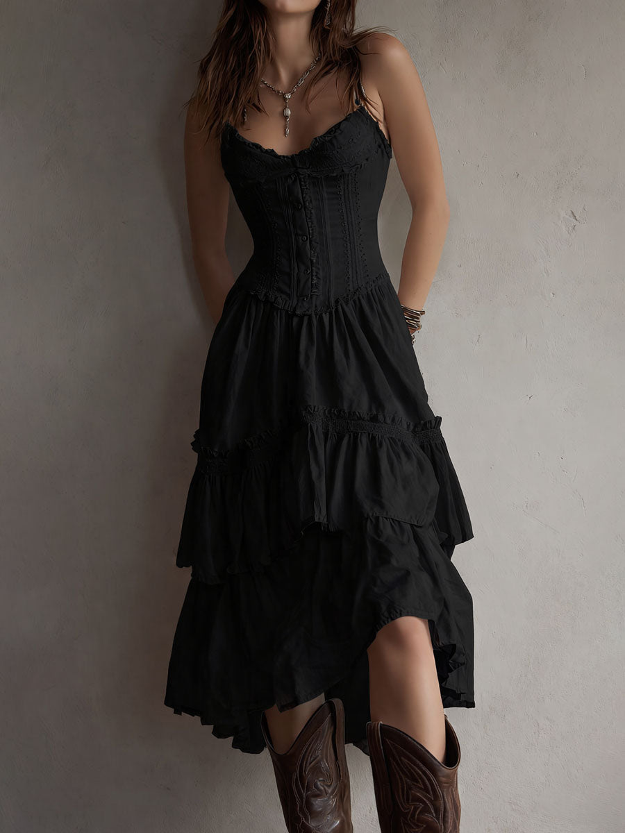 Corset Bodice Spaghetti Strap Ruffle Tiered High Low Midi Dress