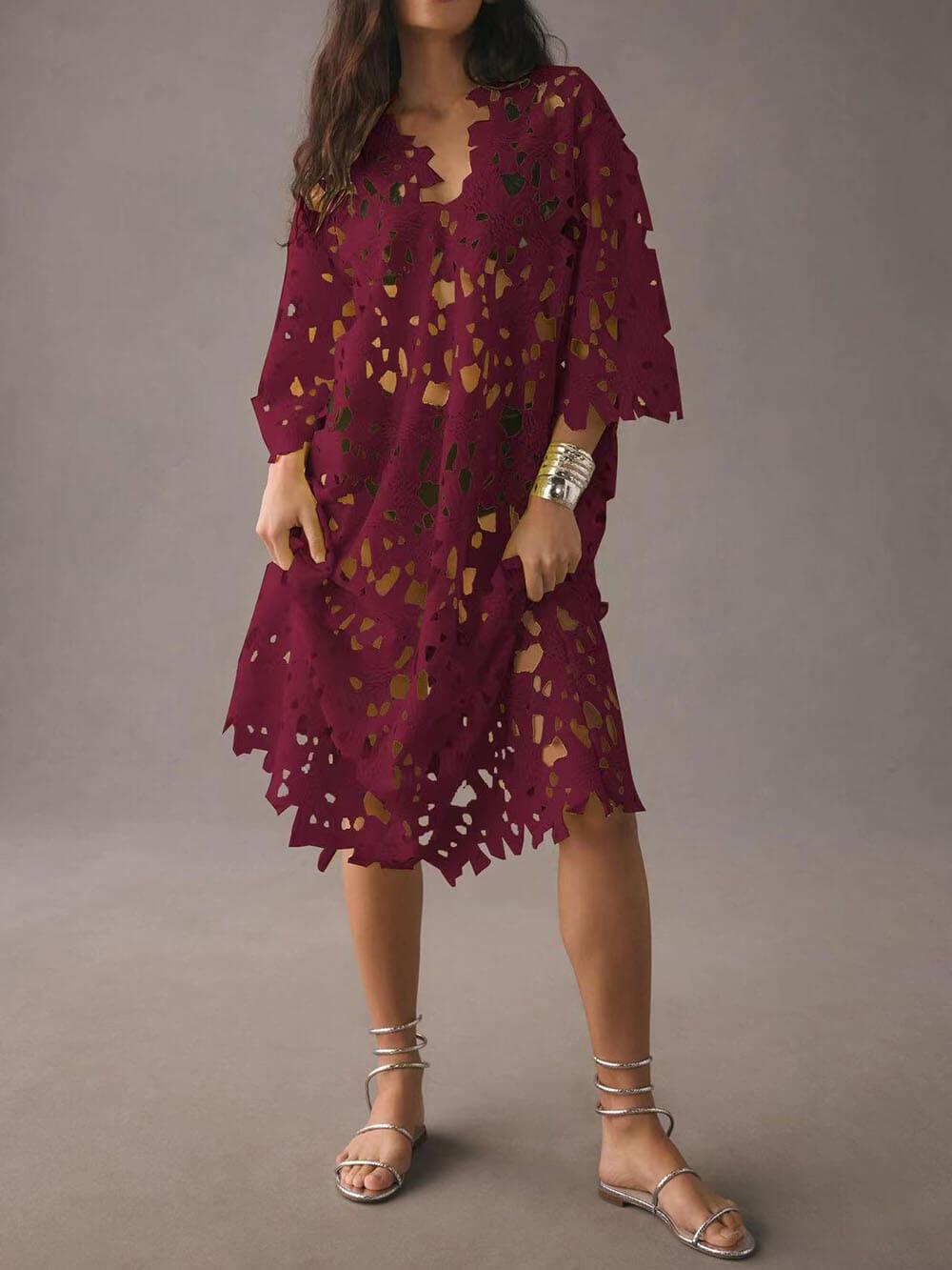 Cover Up Lace Beach Midi Dress Wine Red One size