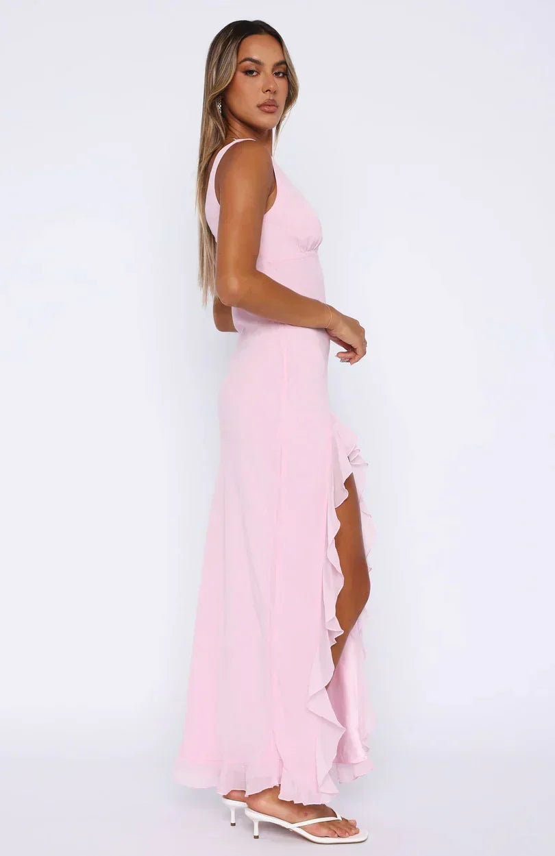 V-Neck Sleeveless Ruffle Trim High Split Maxi Dress 5