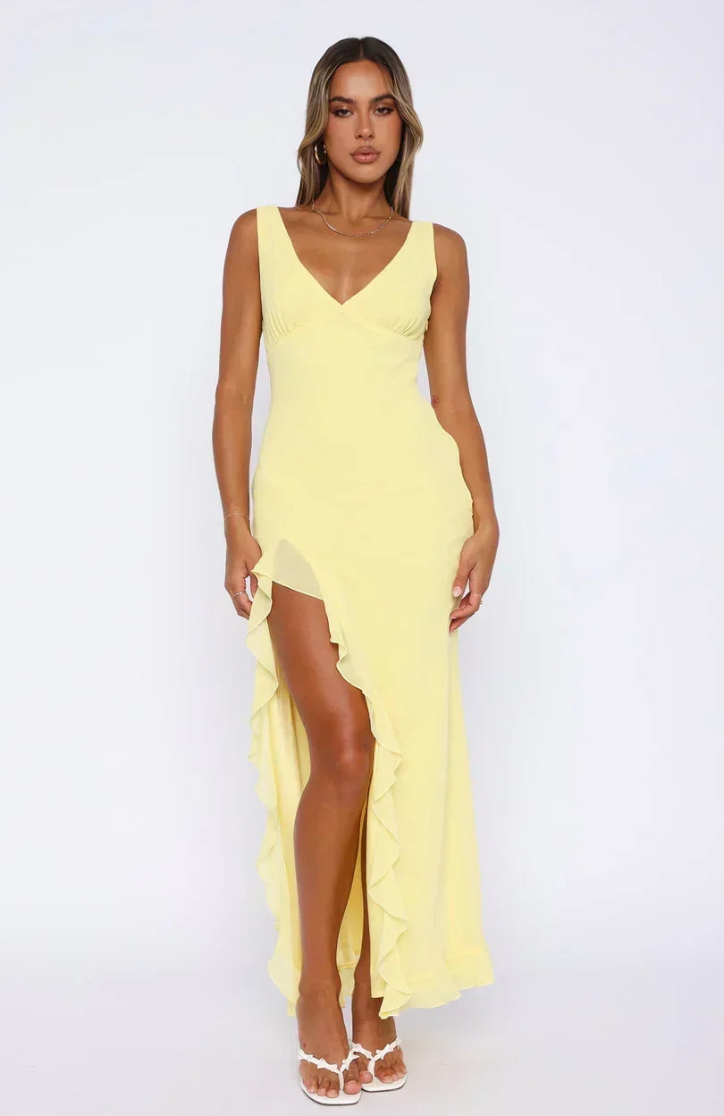 V-Neck Sleeveless Ruffle Trim High Split Maxi Dress