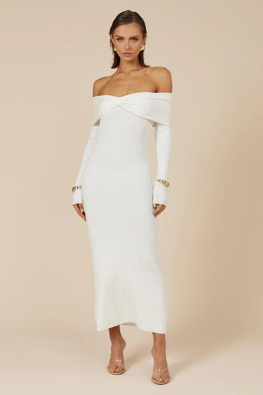 Off Shoulder Long Sleeve Ribbed Knit Twist Front Maxi Dress 7