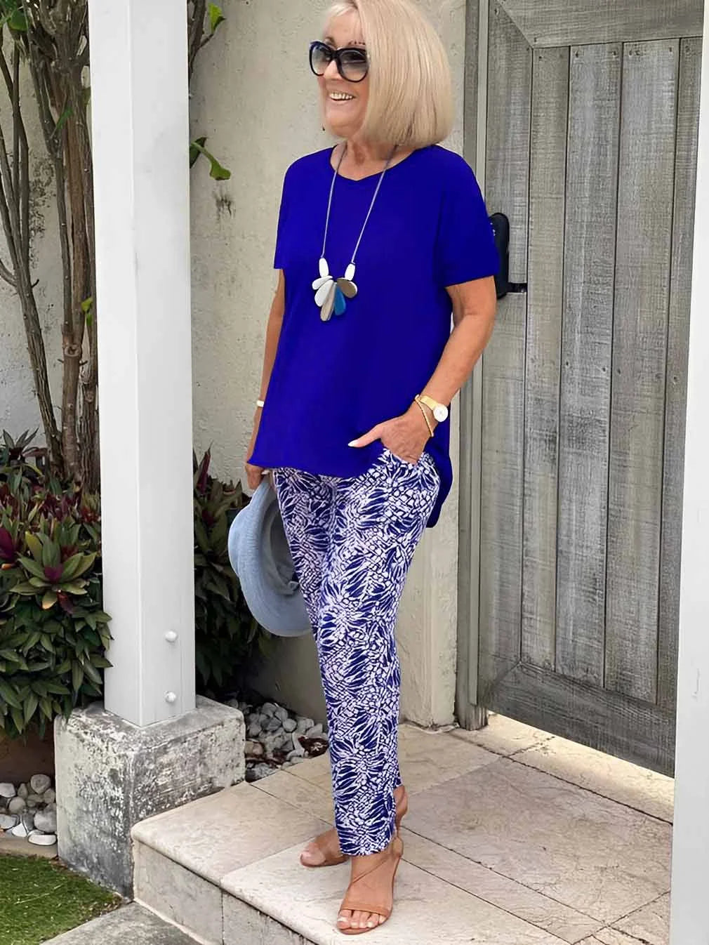 Short Sleeve Top and Leaf Print Pants Two Piece Set