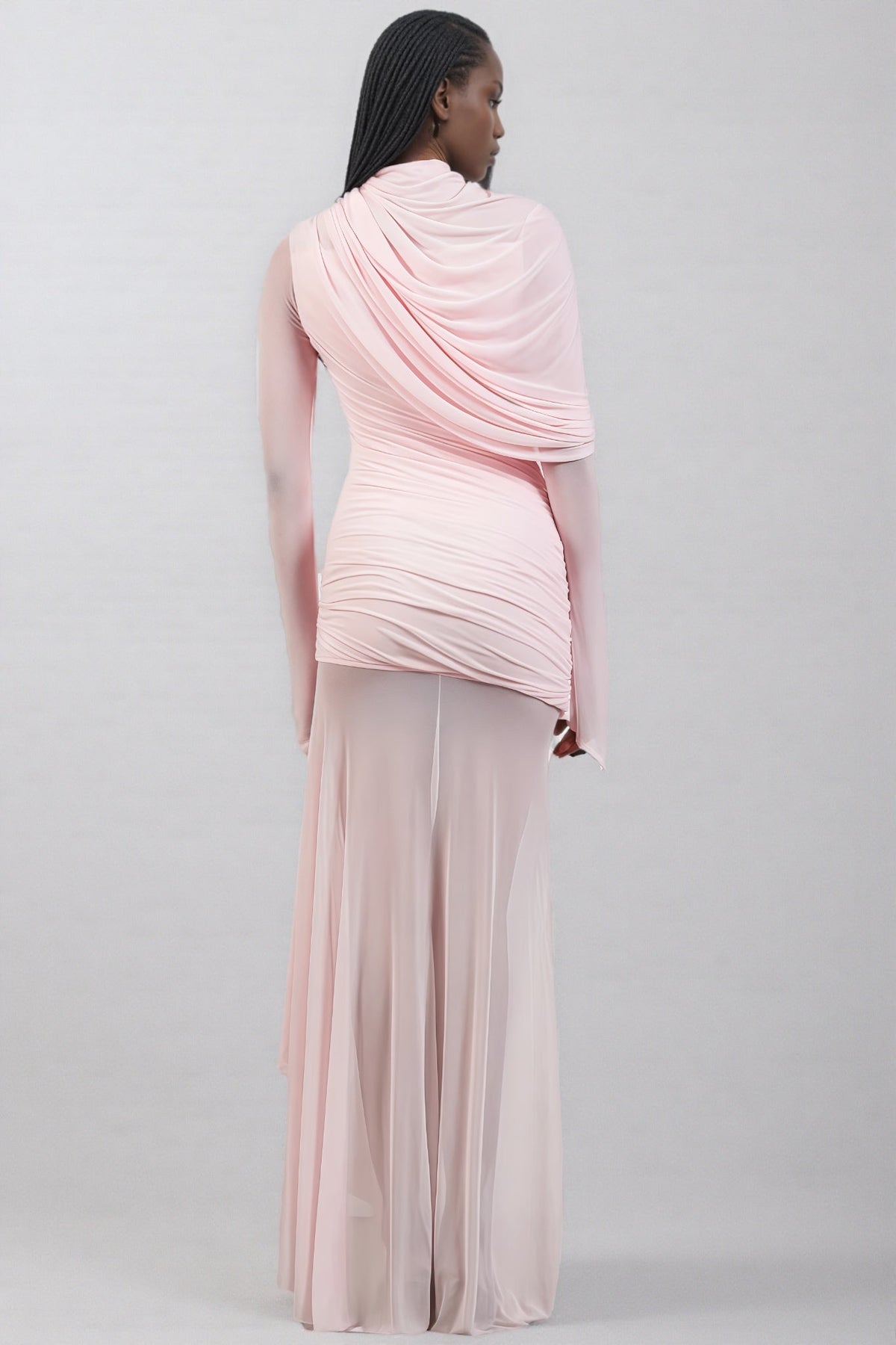Mock Neck Long Sleeve Draped Ruched Sheer Mesh Maxi Dress 5