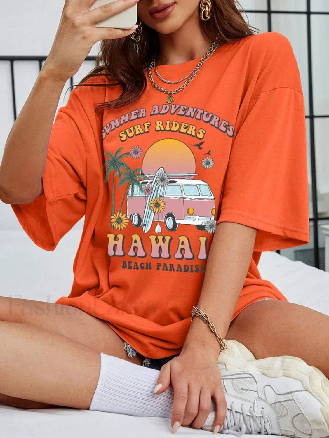 100% Cotton Hawaii Summer Adventure Print T Shirt Orange / S