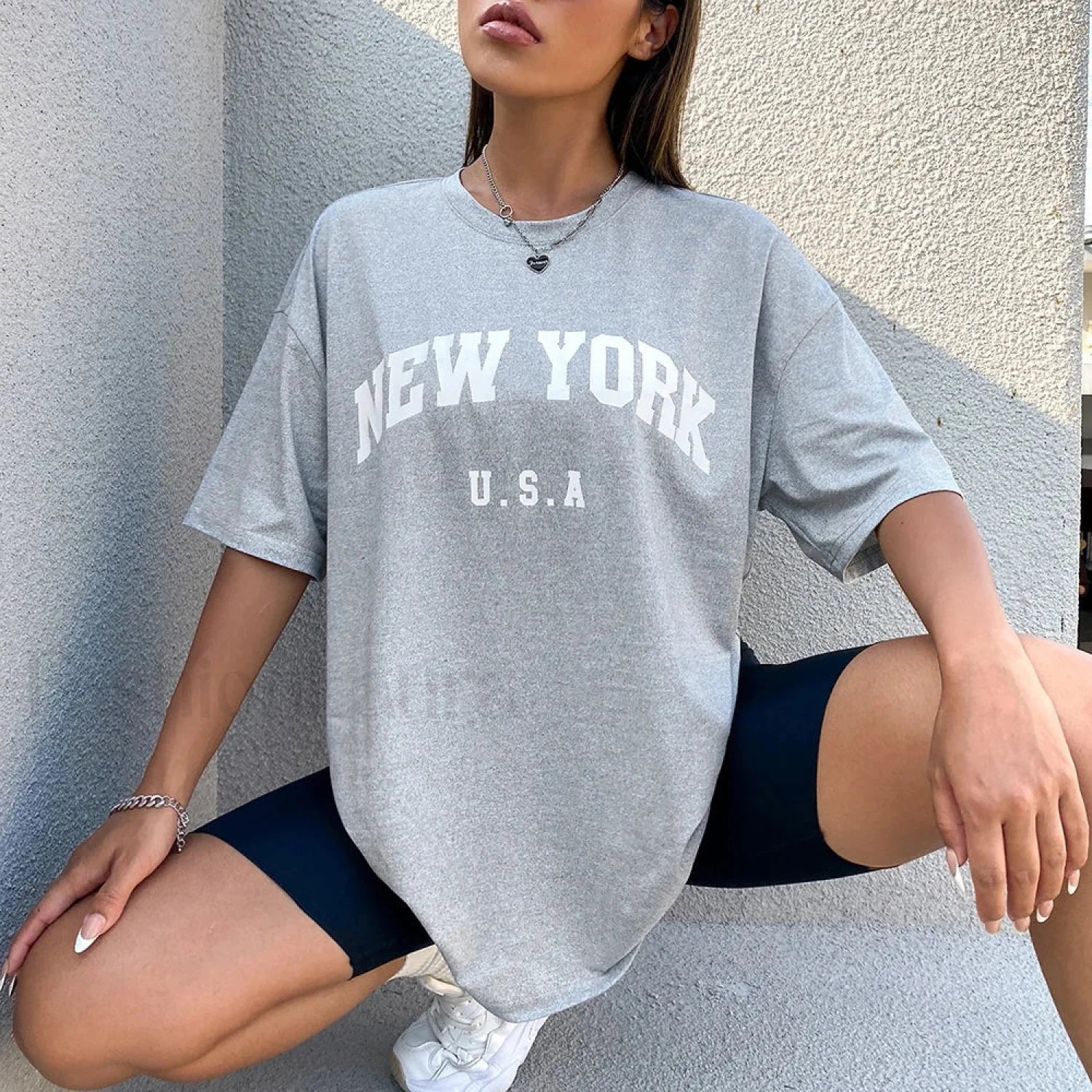 100% Cotton USA New York Letter Print T Shirt Gray / S