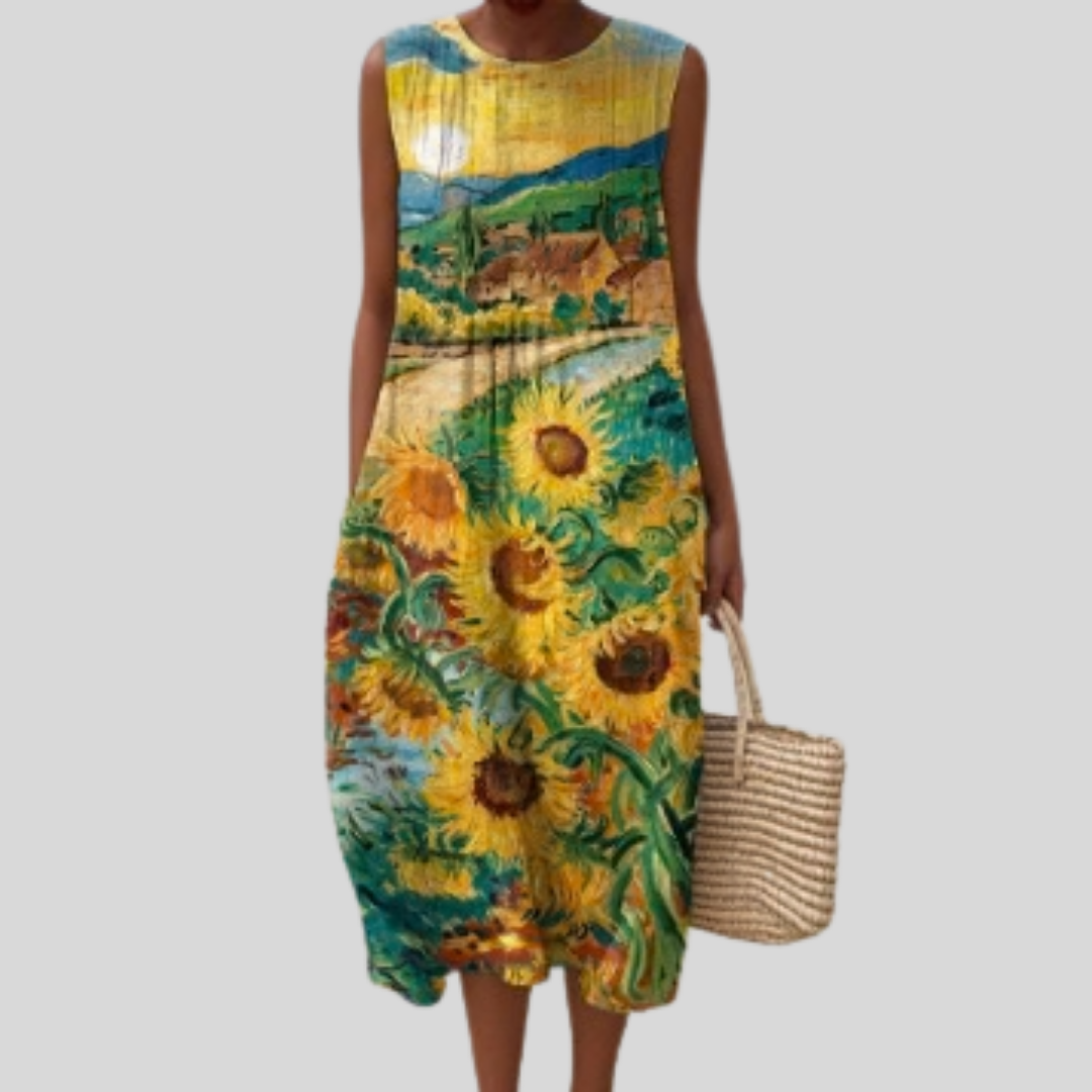 Sunflower Landscape Print Sleeveless Cocoon Midi Dress