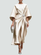 Boat Neck Batwing Ruched Satin Midi Dress 7